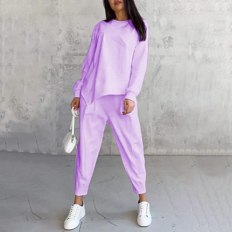Langärmliges Sweatshirt-Set mit unregelmäßigem Saum und Hose für Damen