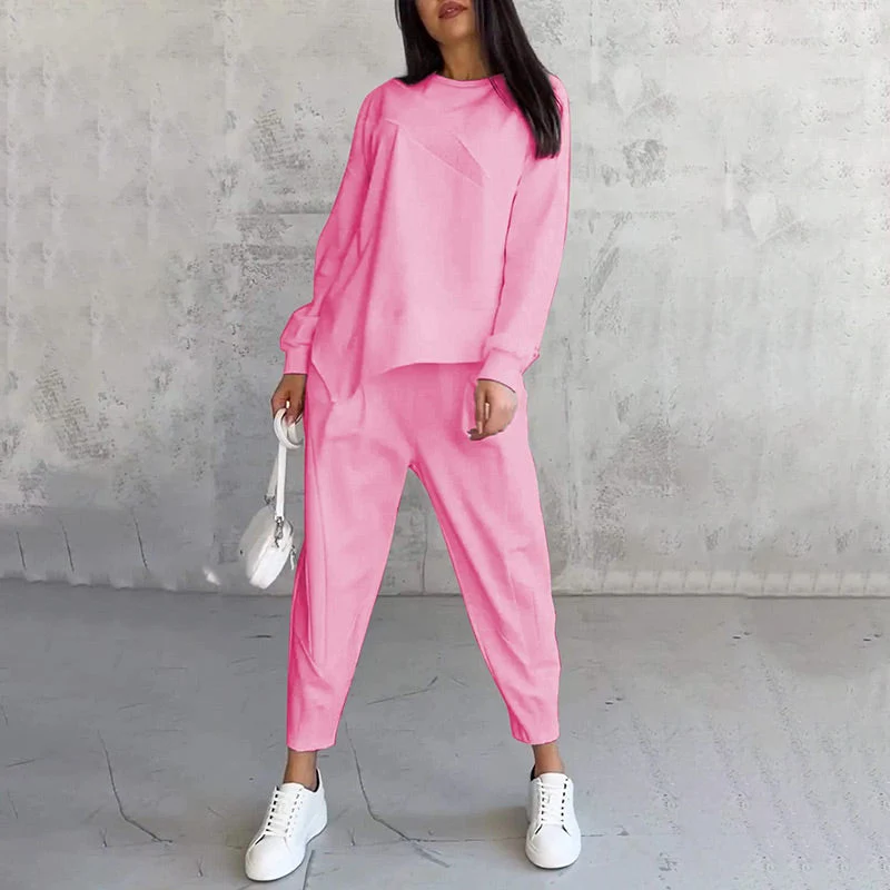 Langärmliges Sweatshirt-Set mit unregelmäßigem Saum und Hose für Damen