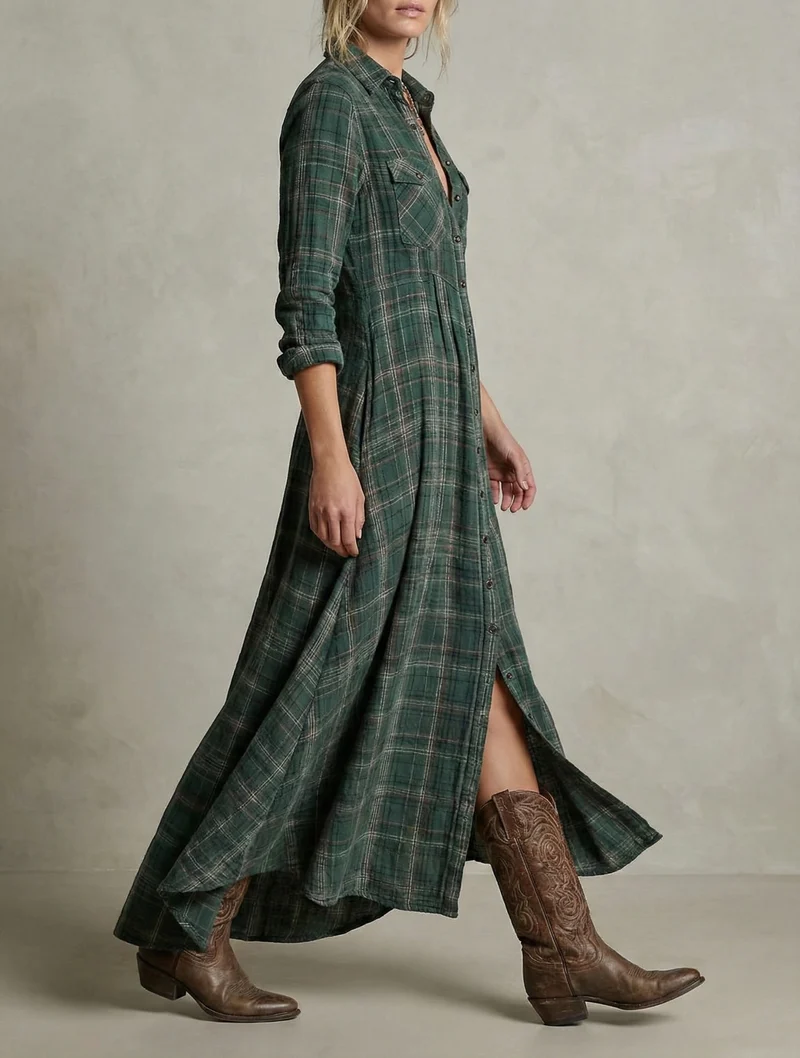 Rosa - Karierter Hemdblusenkleid in Smaragd