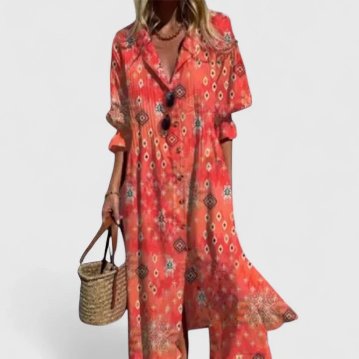 Paula | Damen Botanisches Hemdblusenkleid Midi – Blätterprint Sommerkleid Midi 2026