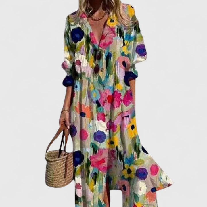 Paula | Damen Botanisches Hemdblusenkleid Midi – Blätterprint Sommerkleid Midi 2026