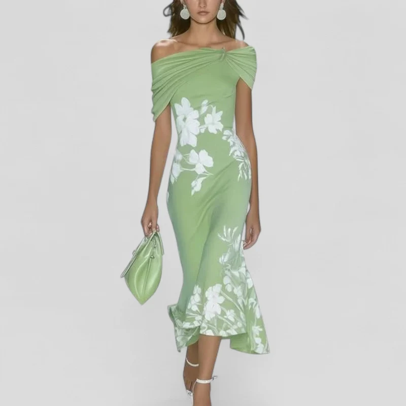 Isa | Damen Off-Shoulder Floral Midikleid – Rüschensaum Schulterfreies Sommerkleid 2026