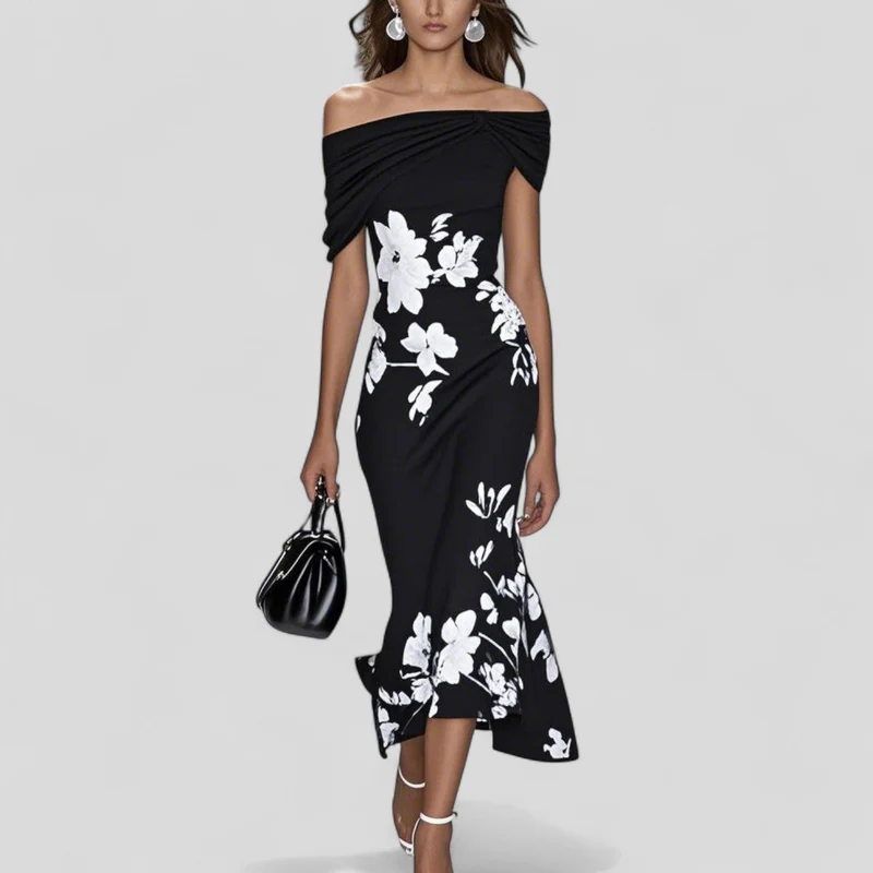 Isa | Damen Off-Shoulder Floral Midikleid – Rüschensaum Schulterfreies Sommerkleid 2026