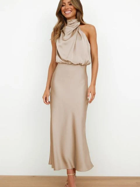 Benthe | Damen Satin Maxikleid Halterneck – Drapierter Ausschnitt Abendkleid 2026