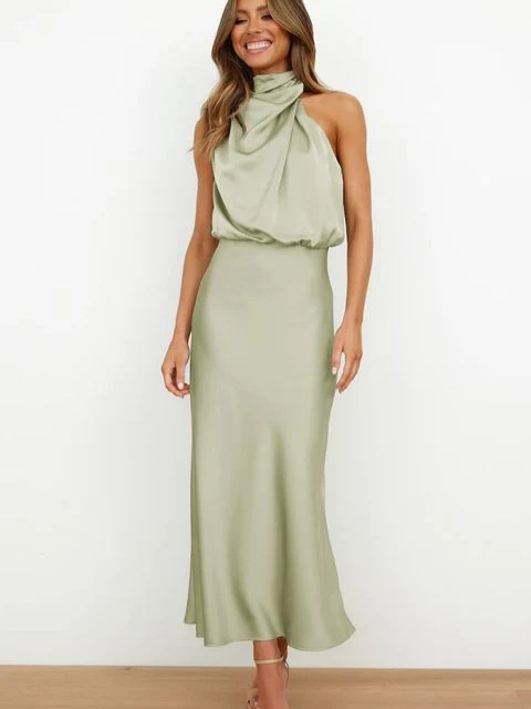 Benthe | Damen Satin Maxikleid Halterneck – Drapierter Ausschnitt Abendkleid 2026