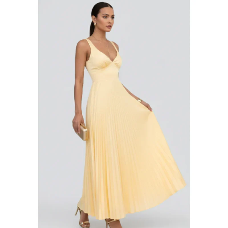 Samia | Damen Gelbes Maxikleid Abend V-Ausschnitt Plissee – Maxi Gelb Plissee 2026