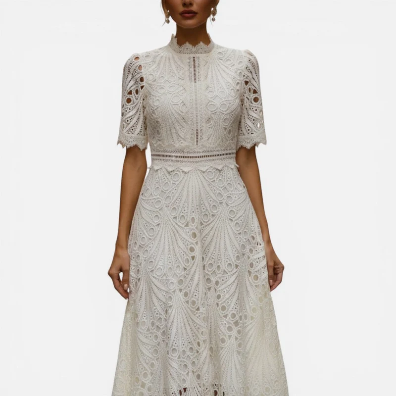 Sabrina | Damen Midikleid Lochstickerei – Besticktes Sommerkleid Midi Kurzarm 2026