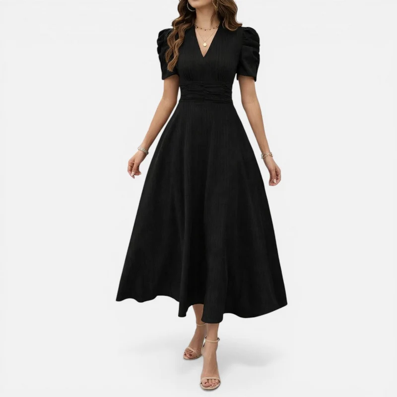 Elena | Damen Elegantes Midikleid V-Ausschnitt – Tailliertes Kleid Büro & Hochzeit 2026