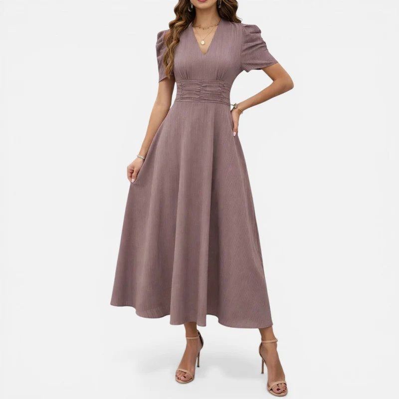 Elena | Damen Elegantes Midikleid V-Ausschnitt – Tailliertes Kleid Büro & Hochzeit 2026