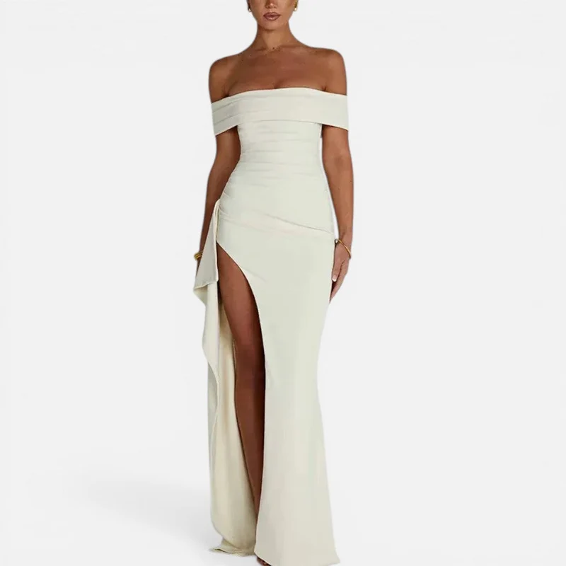 Katrin | Damen Schulterfreies Maxikleid Schlitz – Tailliertes Sommerkleid Abend 2026