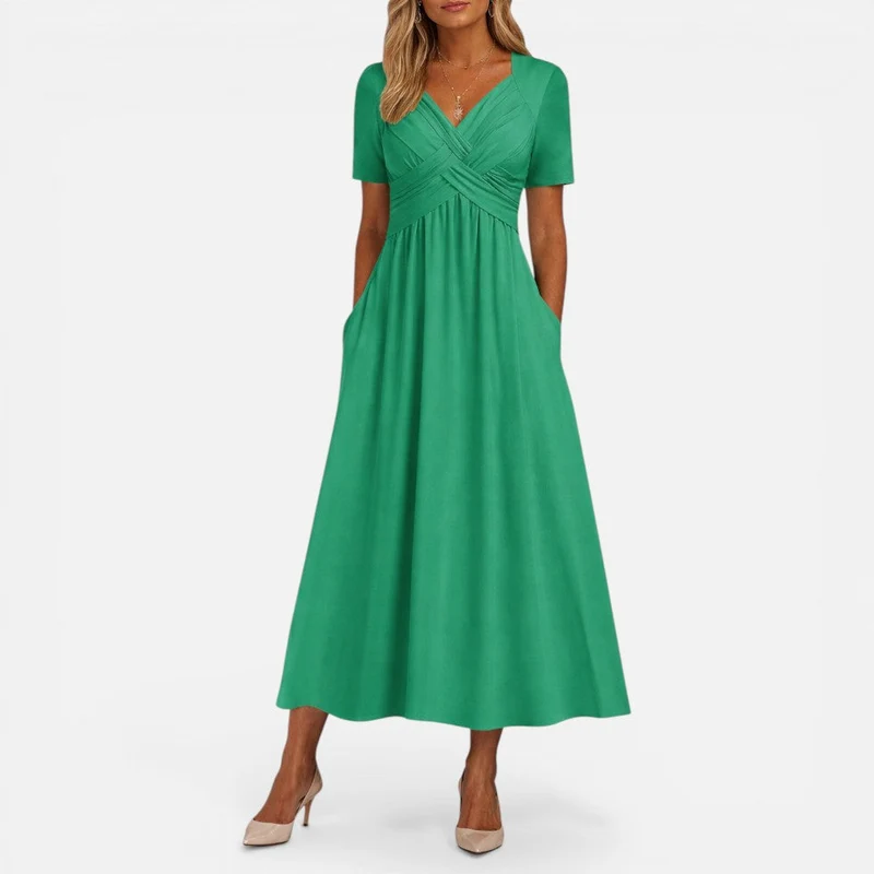 Hilde | Damen Midikleid V-Ausschnitt Taillenfalten – Sommerkleid Midi Elegant 2026