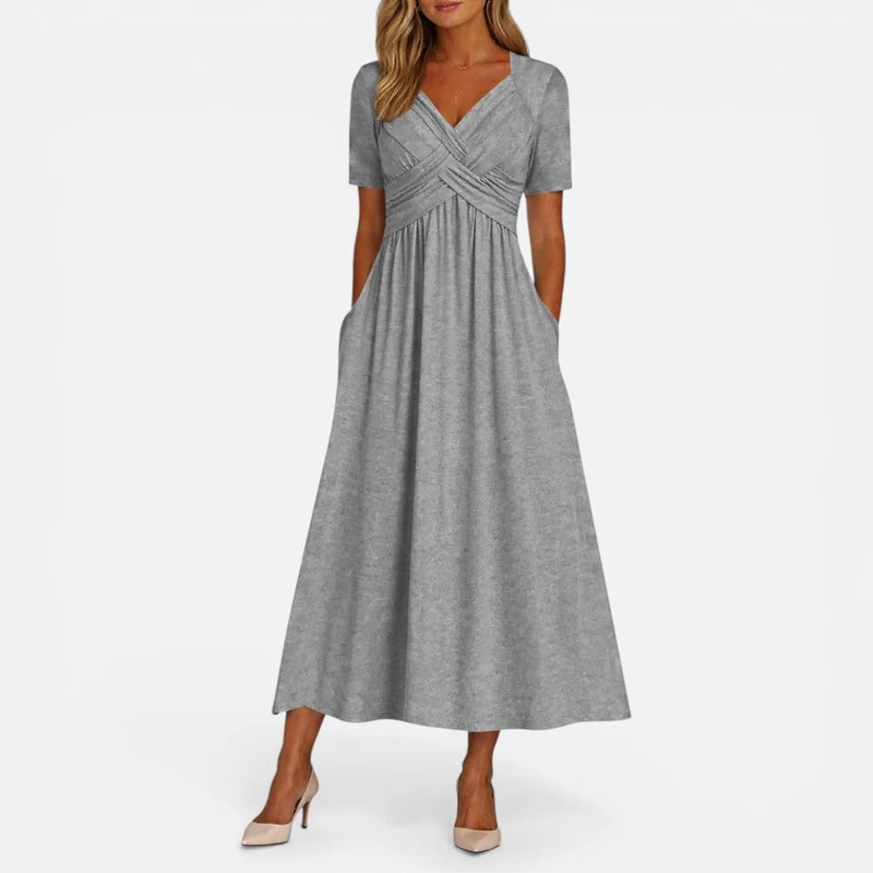 Hilde | Damen Midikleid V-Ausschnitt Taillenfalten – Sommerkleid Midi Elegant 2026