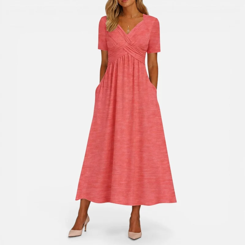 Hilde | Damen Midikleid V-Ausschnitt Taillenfalten – Sommerkleid Midi Elegant 2026