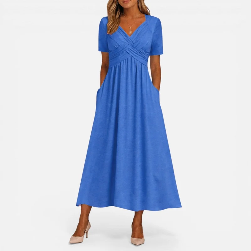 Hilde | Damen Midikleid V-Ausschnitt Taillenfalten – Sommerkleid Midi Elegant 2026