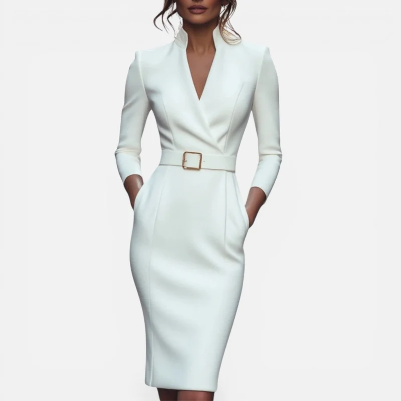 Martina | Damen Midikleid Gürtel V-Ausschnitt – Gürtelkleid Tailliert Sommer 2026