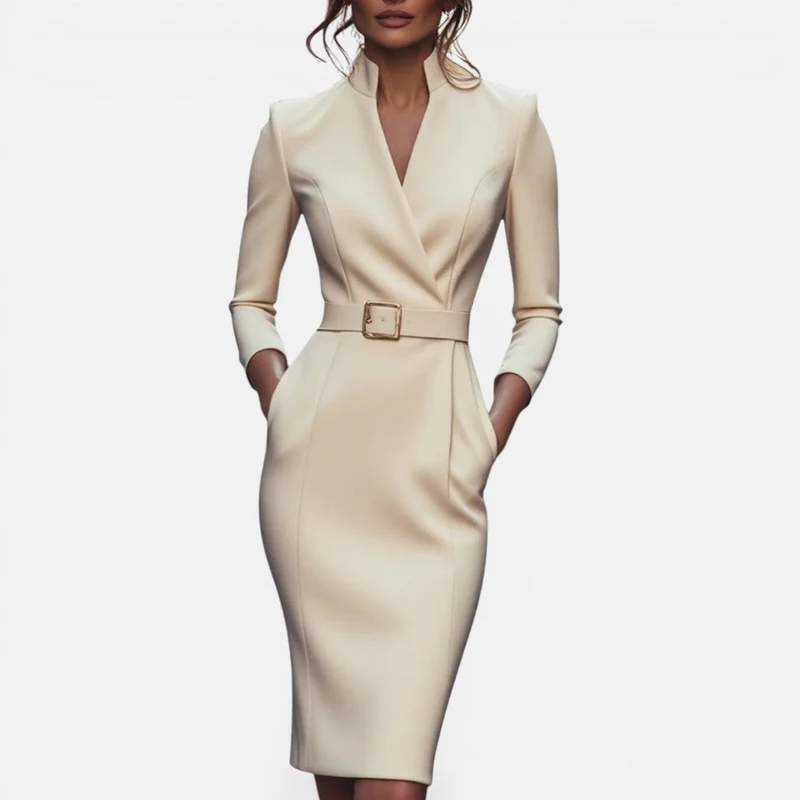 Martina | Damen Midikleid Gürtel V-Ausschnitt – Gürtelkleid Tailliert Sommer 2026