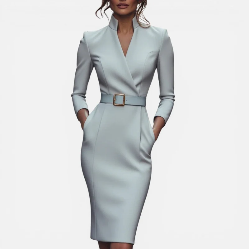 Martina | Damen Midikleid Gürtel V-Ausschnitt – Gürtelkleid Tailliert Sommer 2026