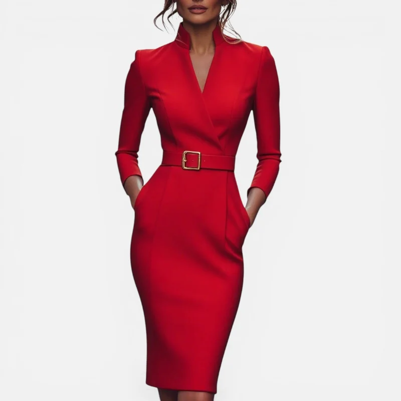 Martina | Damen Midikleid Gürtel V-Ausschnitt – Gürtelkleid Tailliert Sommer 2026