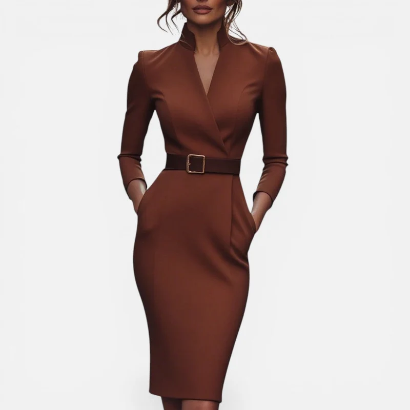 Martina | Damen Midikleid Gürtel V-Ausschnitt – Gürtelkleid Tailliert Sommer 2026