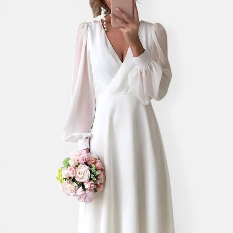 Hannelore | Damen Midikleid V-Ausschnitt Langer Ärmel – Elegantes Herbstkleid 2026