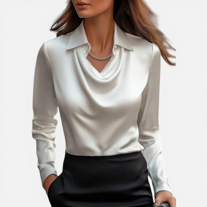 Roswitha | Damen Bluse Wasserfall Ausschnitt – Langarm Bluse Drapiert Elegant 2026
