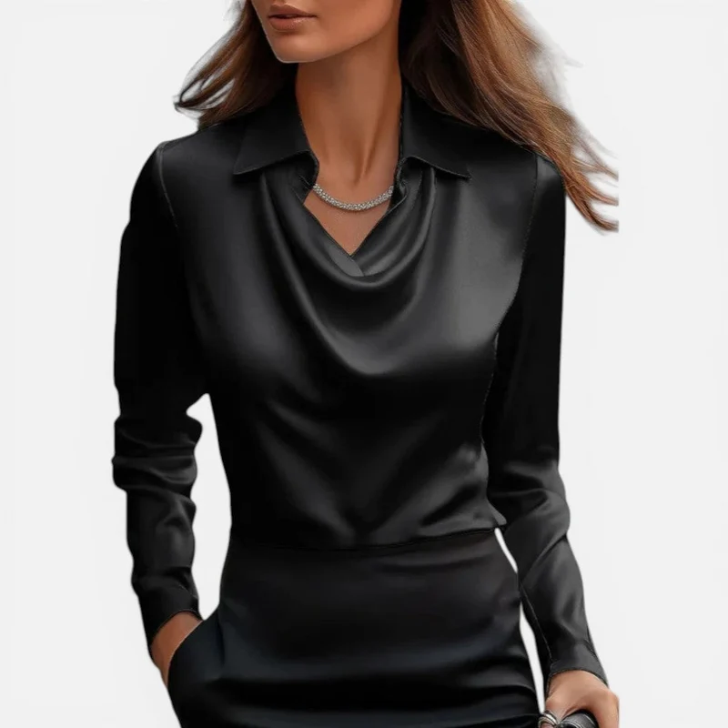 Roswitha | Damen Bluse Wasserfall Ausschnitt – Langarm Bluse Drapiert Elegant 2026
