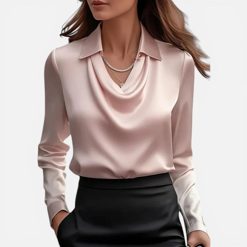 Roswitha | Damen Bluse Wasserfall Ausschnitt – Langarm Bluse Drapiert Elegant 2026