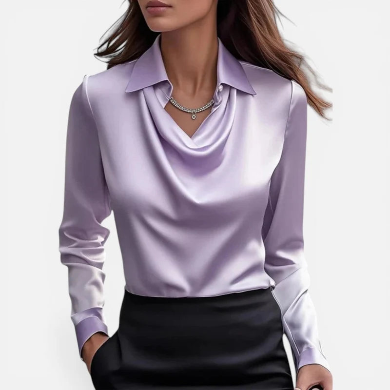 Roswitha | Damen Bluse Wasserfall Ausschnitt – Langarm Bluse Drapiert Elegant 2026