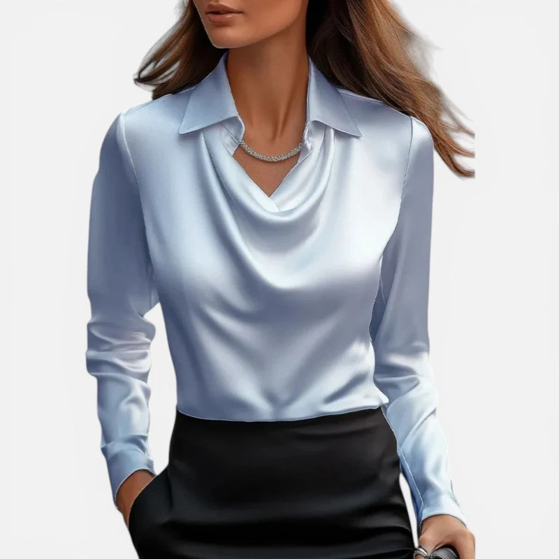 Roswitha | Damen Bluse Wasserfall Ausschnitt – Langarm Bluse Drapiert Elegant 2026
