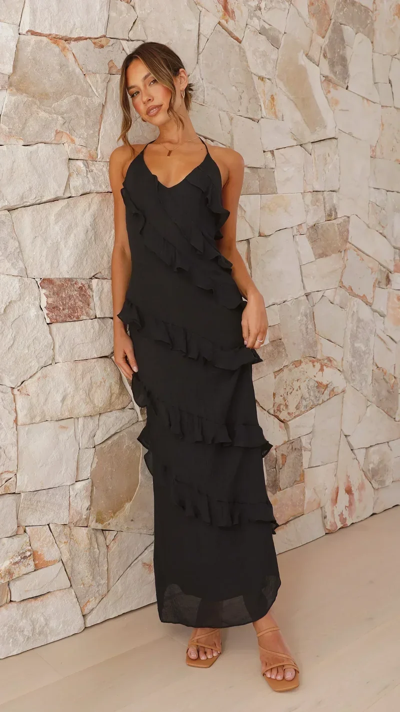 Petra | Damen Maxikleid Halterneck Rüschen – Gestuftes Sommerkleid Offener Rücken 2026