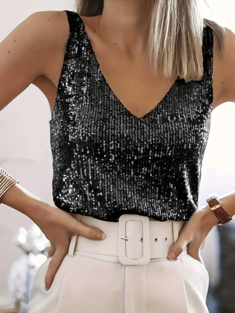 Jana | Damen Pailletten Tanktop – Glitzerndes Ärmelloses Top V-Ausschnitt für Party 2026