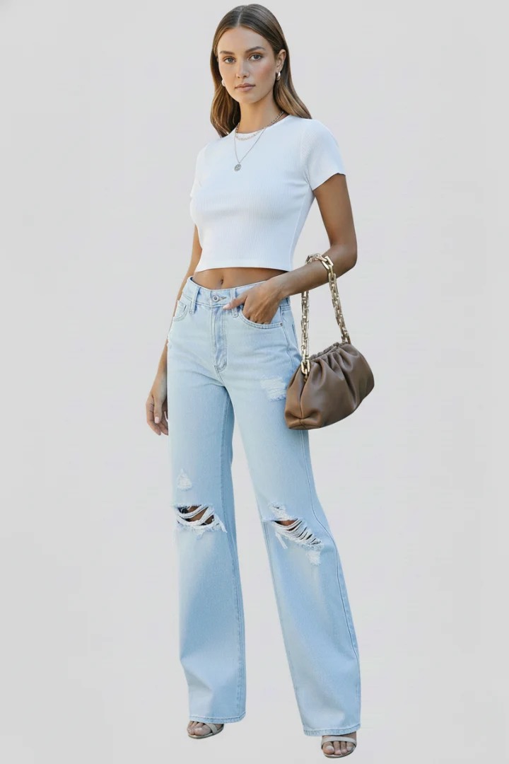 Nora | Damen Wide Leg Jeans Distressed – Hochtaillierte Destroyed Jeans Weites Bein 2026