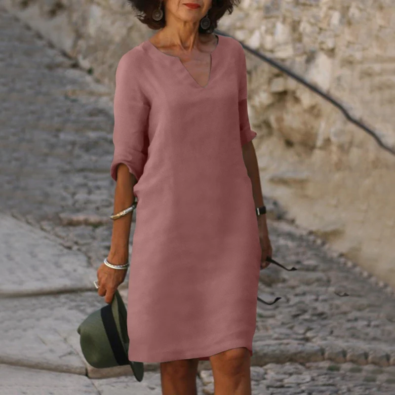 Johanna | Damen Leinenkleid 3/4 Arm – V-Ausschnitt Leinen Sommerkleid Midi 2026