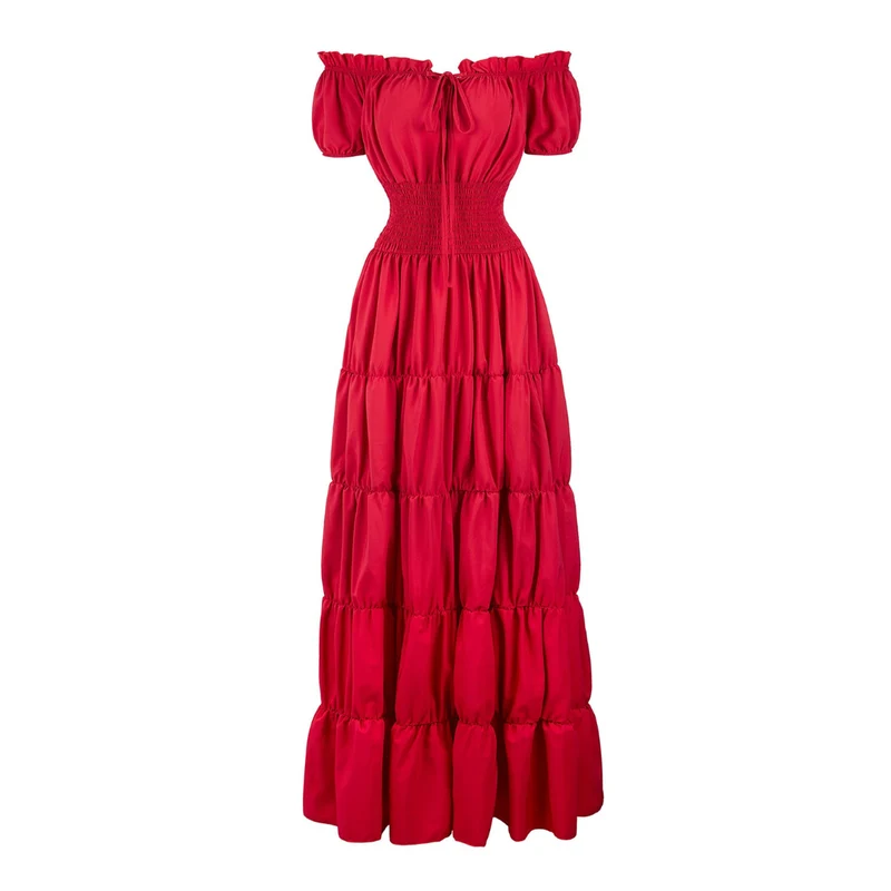 Margarete | Damen Schulterfreies Maxikleid Gestuft – Geraffter Bund Sommerkleid 2026