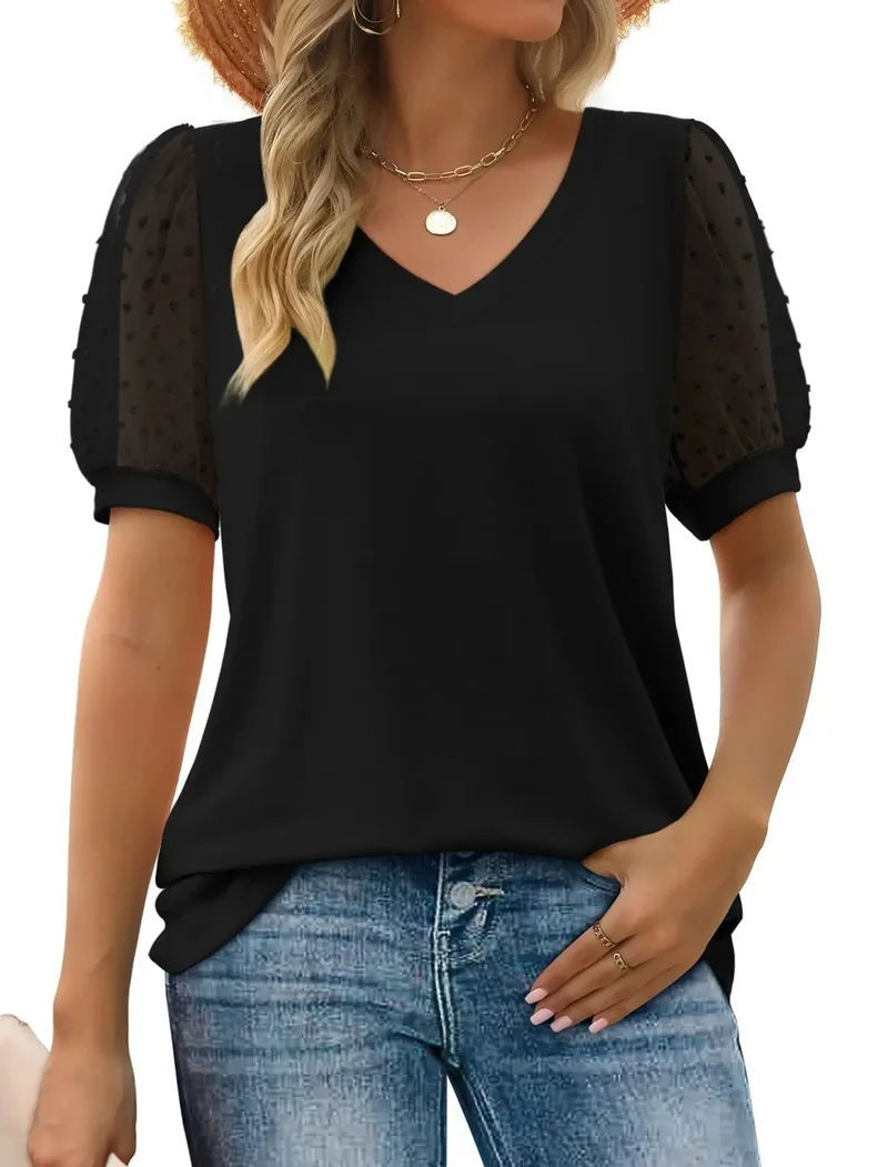 Steffi | Damen Mesh Ärmel Top V-Ausschnitt – Transparentes Freizeitoberteil Sommer 2026