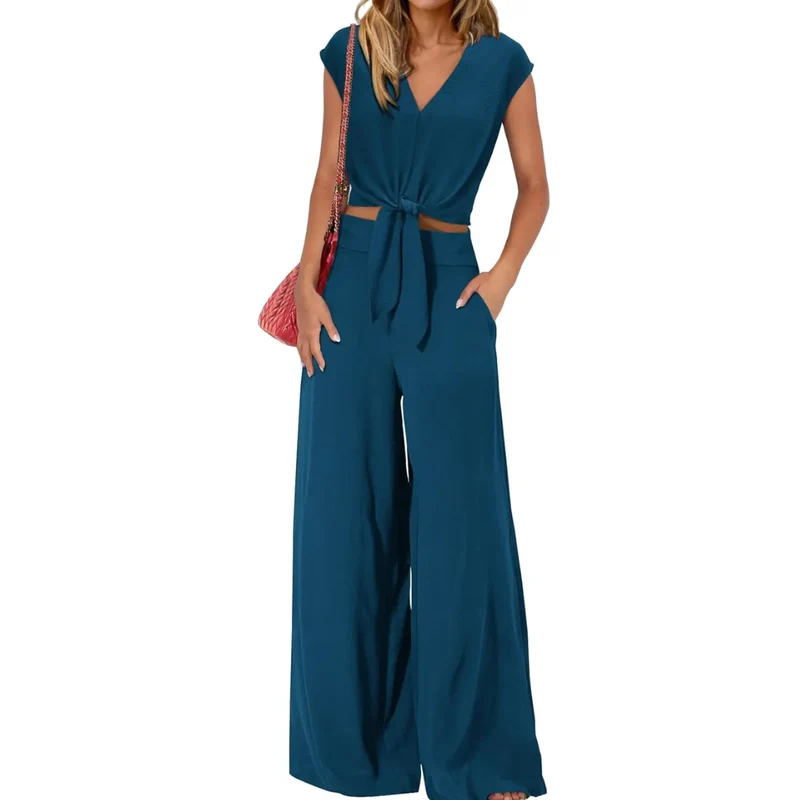 Miriam | Damen Crop Top Hose Set – Knoten Crop Top V-Ausschnitt Weite Hose Matching Set 2026