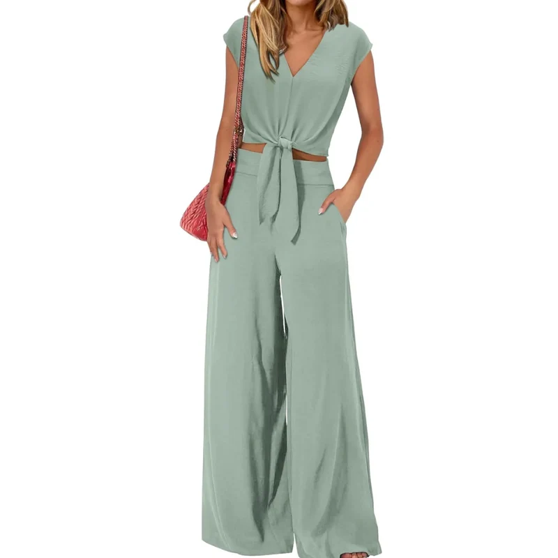 Miriam | Damen Crop Top Hose Set – Knoten Crop Top V-Ausschnitt Weite Hose Matching Set 2026