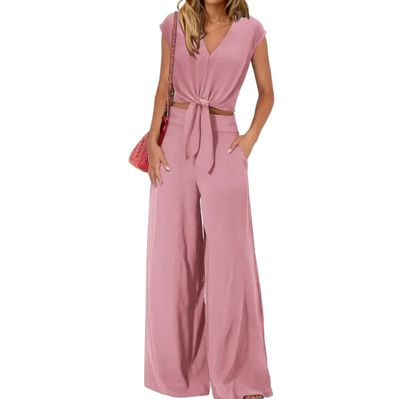 Miriam | Damen Crop Top Hose Set – Knoten Crop Top V-Ausschnitt Weite Hose Matching Set 2026