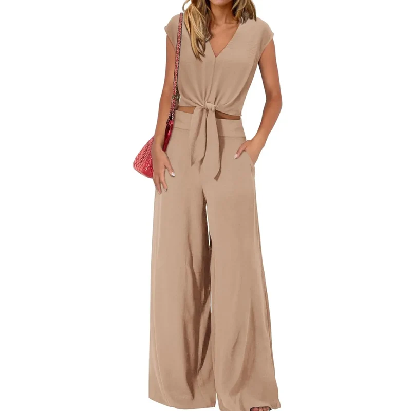 Miriam | Damen Crop Top Hose Set – Knoten Crop Top V-Ausschnitt Weite Hose Matching Set 2026