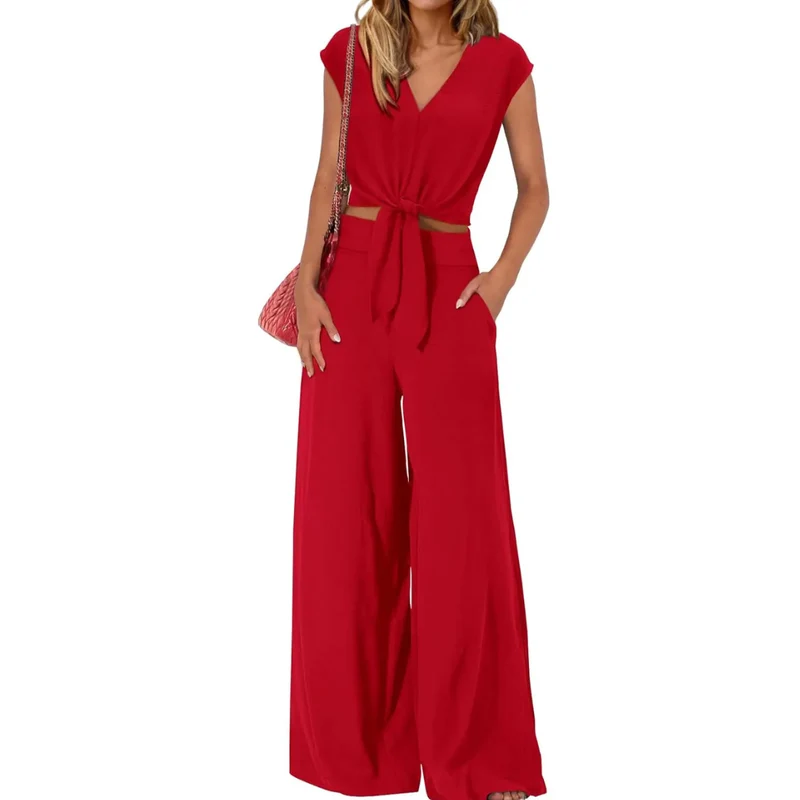 Miriam | Damen Crop Top Hose Set – Knoten Crop Top V-Ausschnitt Weite Hose Matching Set 2026