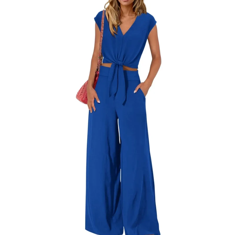 Miriam | Damen Crop Top Hose Set – Knoten Crop Top V-Ausschnitt Weite Hose Matching Set 2026