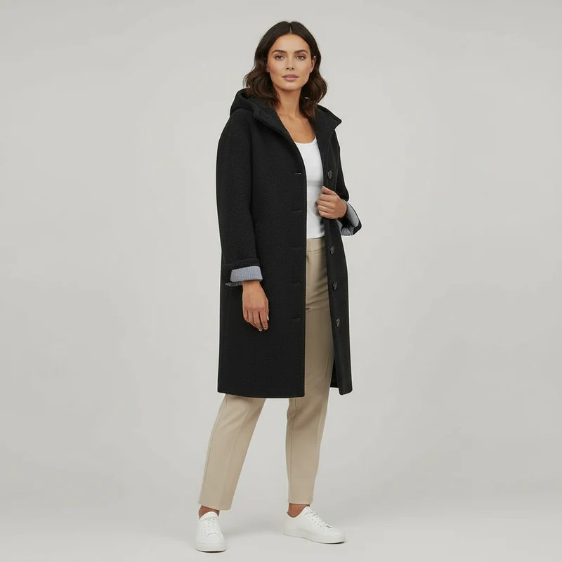 Damen Mantel | lange Form mit Kapuze und klarer Linienführung