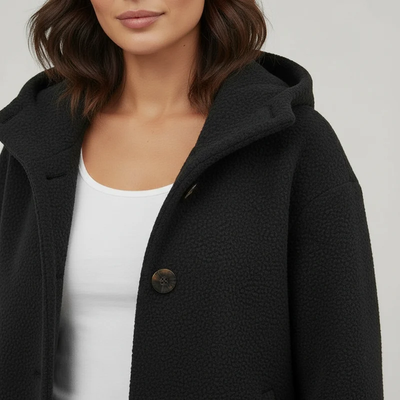 Damen Mantel | lange Form mit Kapuze und klarer Linienführung