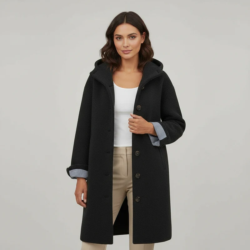 Damen Mantel | lange Form mit Kapuze und klarer Linienführung