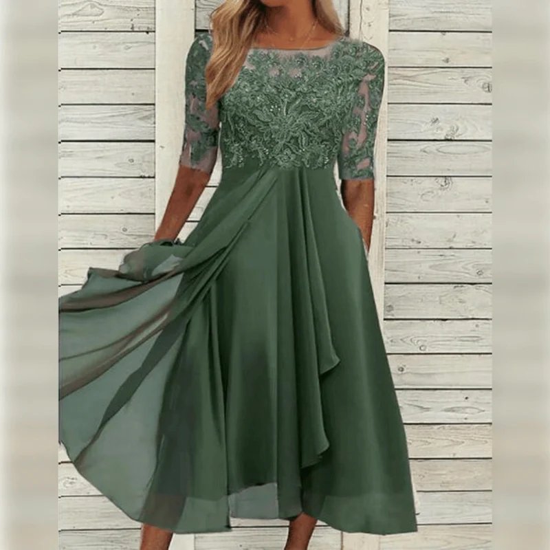 Damen Kleid | Midilänge mit hohem Bund und Rundhalsausschnitt
