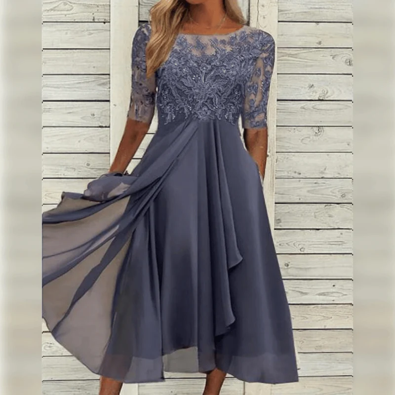 Damen Kleid | Midilänge mit hohem Bund und Rundhalsausschnitt