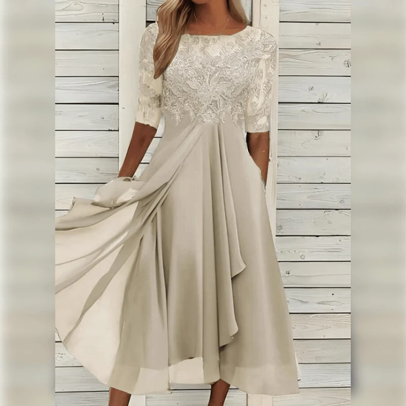 Damen Kleid | Midilänge mit hohem Bund und Rundhalsausschnitt