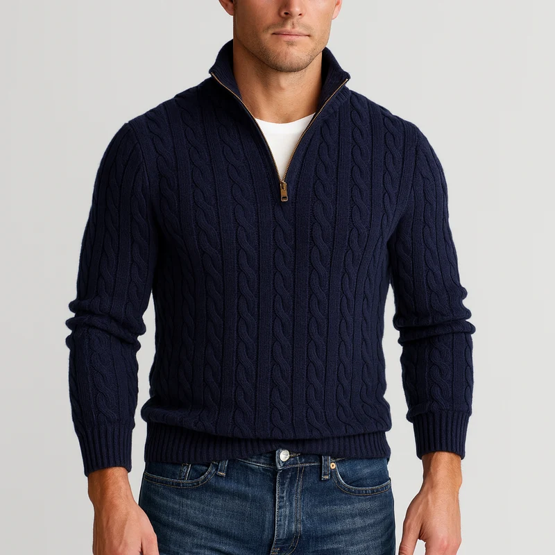 Herrenpullover | Halbzip mit hohem Kragen und Rippbündchen