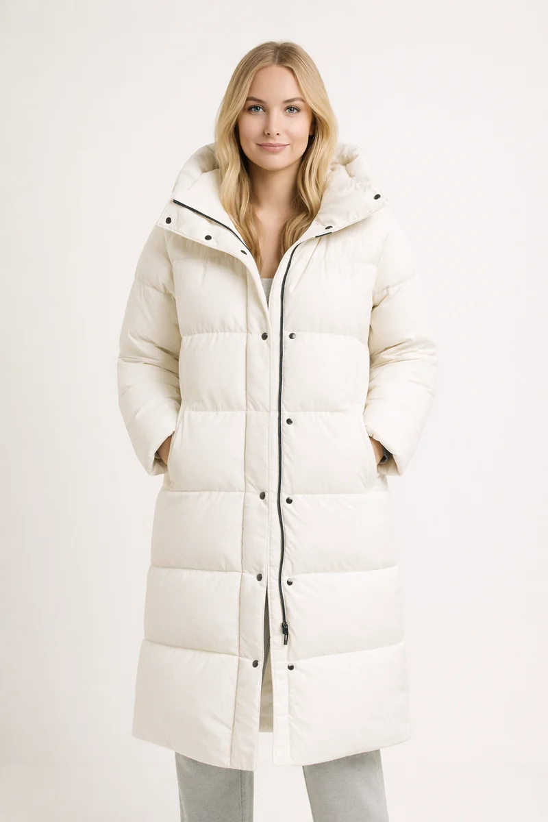 Damen Langer Steppmantel | Gestepptes Design mit Kapuze
