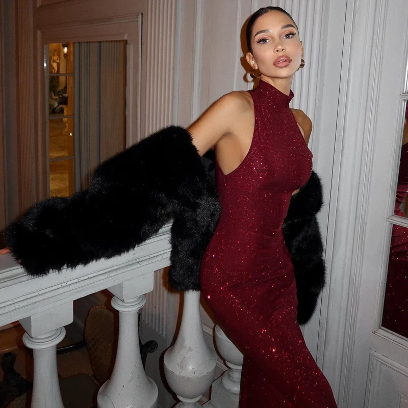 Damen Maxikleid | Festlich mit Pailletten in Rot